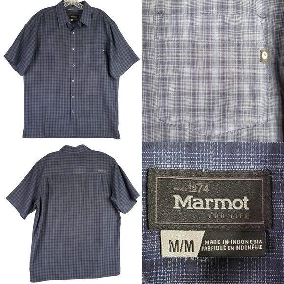 Marmot Shirt Mens Size Medium Plaid Short Sleeve Button Up Blue Cotton - Picture 1 of 12